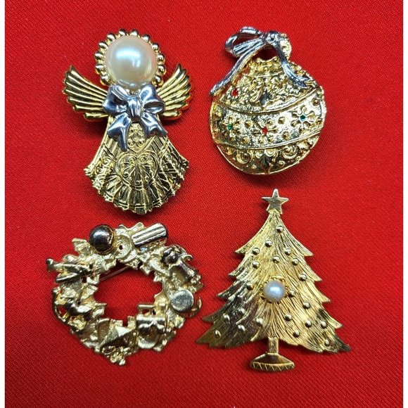 Christmas Pins Brooches Set of 4 Christmas Tree Angel Pearl Wreath Ornament - Picture 3 of 12